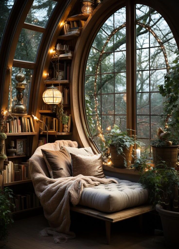 Cozy reading nook with soft cushions and warm lighting