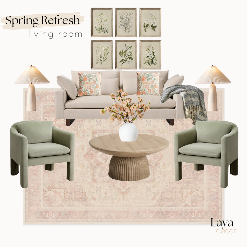 Spring refresh living room mood board with pastel decor and floral accents